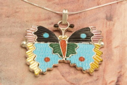 Zuni Indian Jewelry Genuine Turquoise and Mother of Pearl Sterling Silver Butterfly Pendant